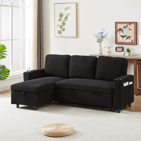 FX78.7' Comfortable Corduroy L-Shaped Combo Sofa Bed, Living Room Furniture Set for Tight Spaces, Reversible Sleeper Combo Sofa with Pullout Bed, Reversible Sofa Bed for Living Room, W1926S00018