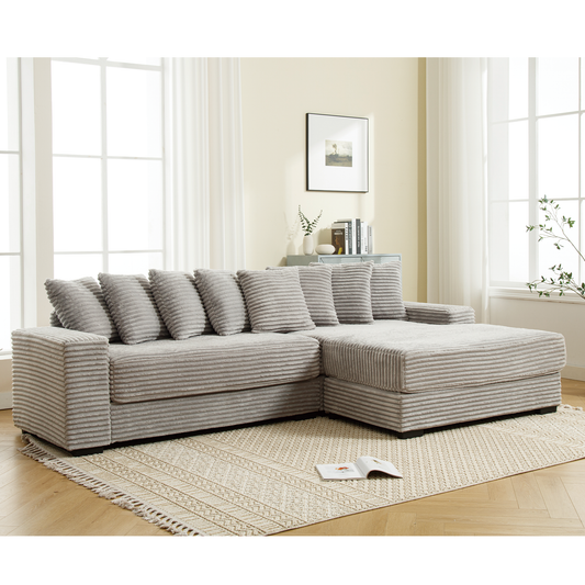 [NEW ARRIVED] [VIDEO PROVIDED] Oversized Two-Piece Couches, L Shaped Sofa, Corduroy, Right Chaise Daybed,with Armrests,Eight Throw Pillows,Corner Sofa,Easy To Assemble, Gray W2108S00060
