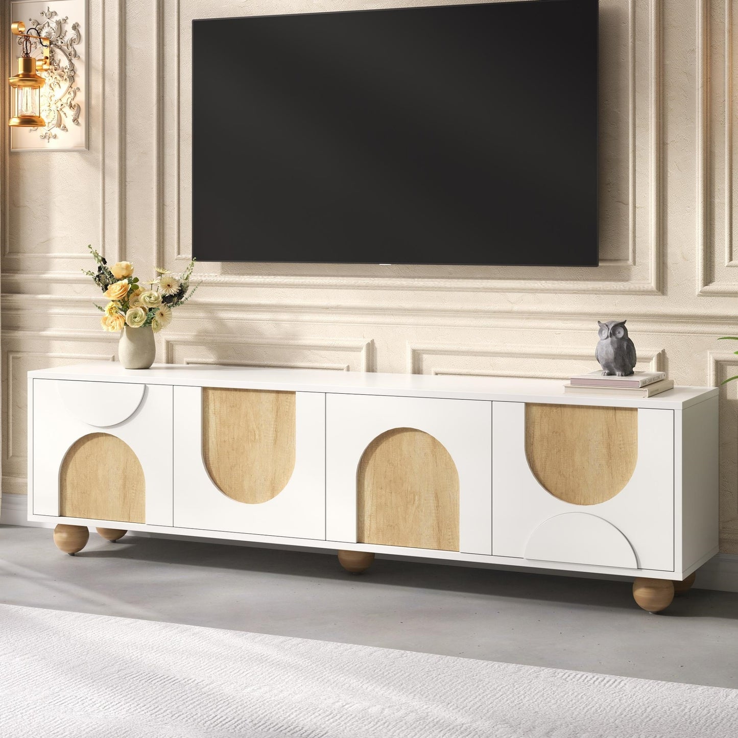 Farmhouse TV Stand with Cable Holes for TVs up to 75', Cream Style Media Console with Rebound Device, Elegant Entertainment Center with 5 Solid Wood Legs for Living Room, Bedroom, White, 69.6'W N721P288695K