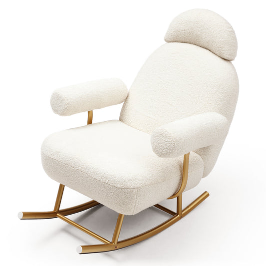 Modern Sherpa Fabric Nursery Rocking Chair,Accent Upholstered Rocker Glider Chair for Baby and Kids,Comfy Armchair with Gold Metal Frame,Leisure Sofa Chair for Nursery/Bedroom/Living Room/Office,Beige  W1117104489