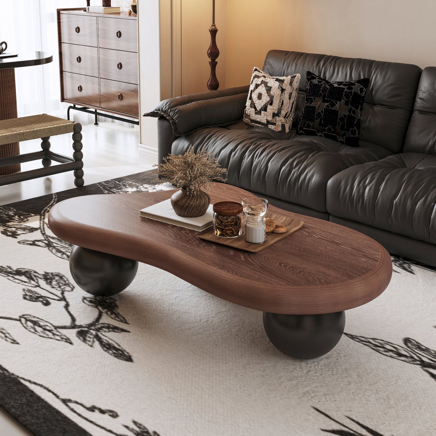 47 Inch Cloud Shaped Coffee Table with 3 Ball Legs for Living Room, Walnut Top Black Legs  W1435S00034