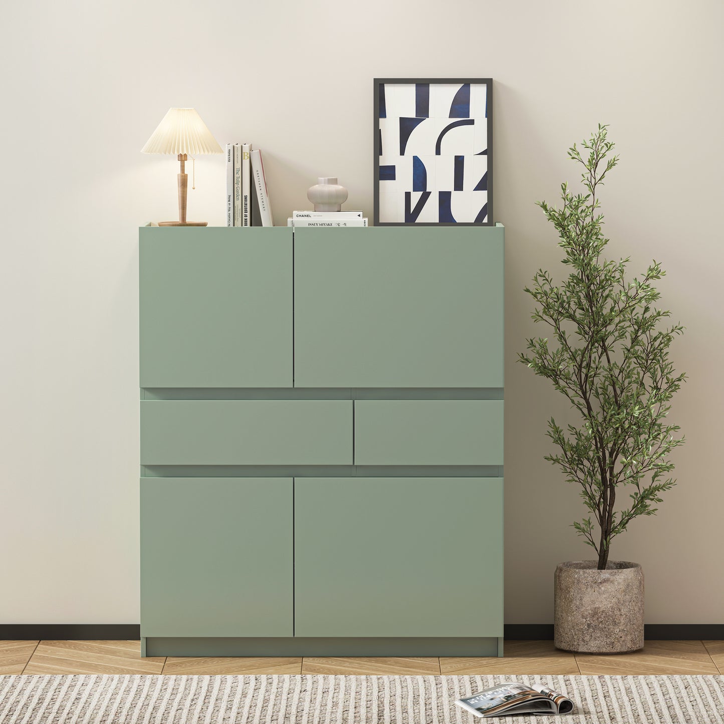 Green wooden storage cabinet with 4 doors and 2 drawers W1320P191445