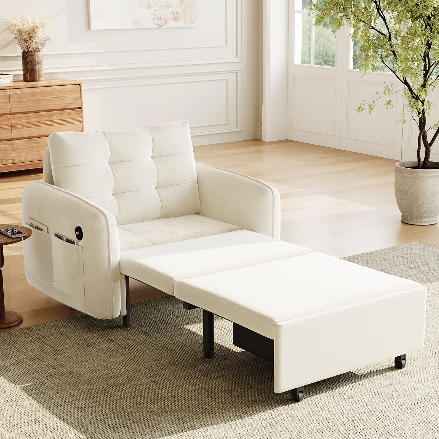 [NEW] 3-in-1 Sleeper Chair Bed, 80' Extra Long Pull Out Sleeping Lounge with USB Charging, Storage Pockets and Box, Tufted Design, Multi-Functional Chenille Single Sofa Bed for Living Room&Apartment  N723S9614A
