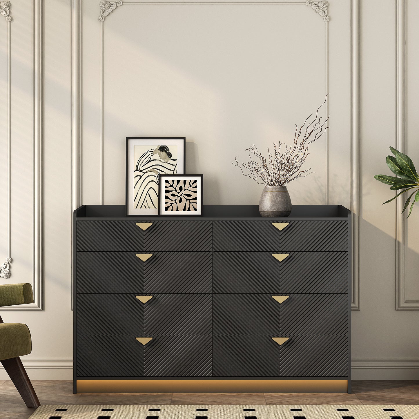 8 Drawer Double Dresser for Bedroom with LED, Modern Dressers Chest of Drawers with Fluted Panel, Wide Wood Storage Dresser Organizer, Dresser  for Bedroom, Living Room,Black   W1321P201215