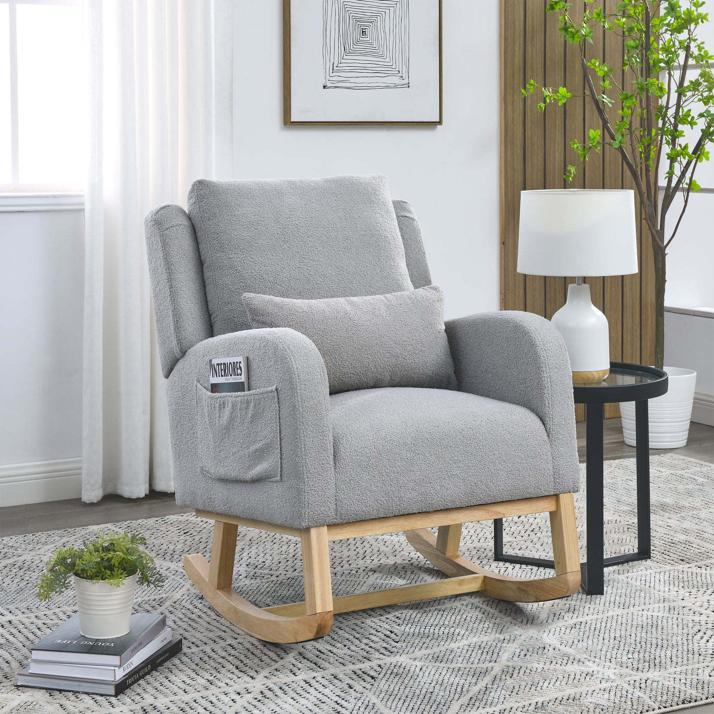 [Video] Welike 27.5 'W Modern Accent High Back Living Room Casual Armchair Rocker with One Lumbar Pillow, Two Side Pockets,Teddy.  W834P356491