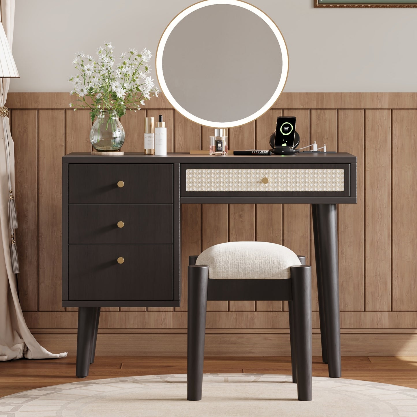 39' Retro Bohemian Style Wooden Makeup Vanity Set with Charging Plug&USB Port and Stool, Dressing Table with 3 Storage Drawers and 1 Rectangular Rattan Drawer, Black N733P180011B
