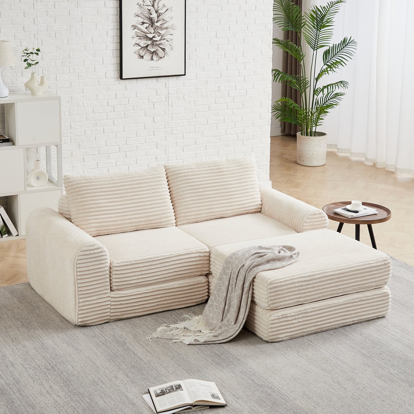 Minimalist corduroy sofa featuring curved lines and a gently sloped backrest, 2-in-1 Sofa & Bed,complete with two throw pillows  W3505P505109