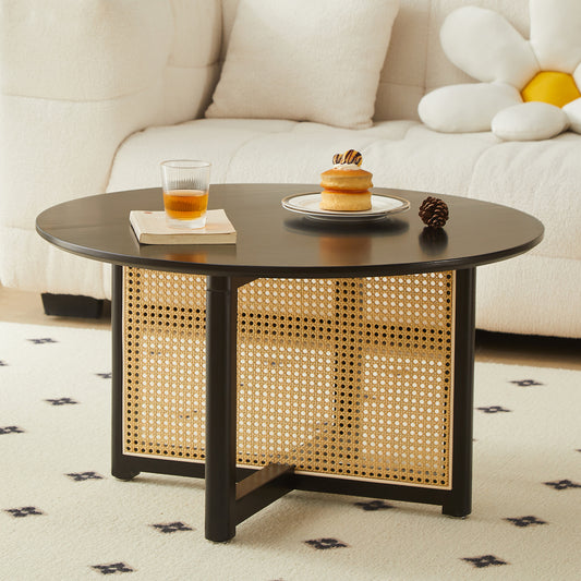 Mid-century wooden coffee table with PE cane stand, 31.5-inch round solid wood Bohemian style coffee table, unique central cocktail table for living rooms, apartments and offices  W2720P237624