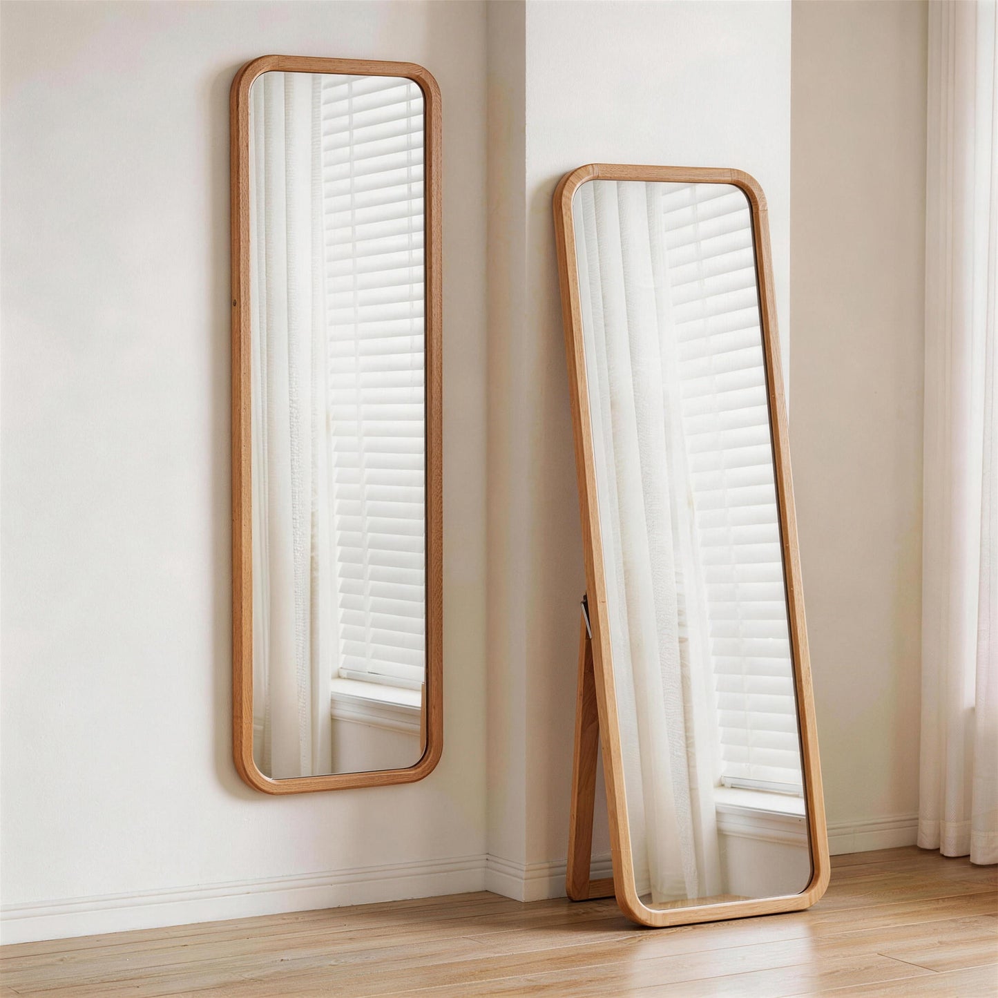 Solid Beech Wood Full Length Mirror, Freestanding Floor Mirror with Stand, Natural Wood Frame Body Mirror for Bedroom Living Room, 2-in-1 Wall Mounted Dressing Mirror  W5368P497708