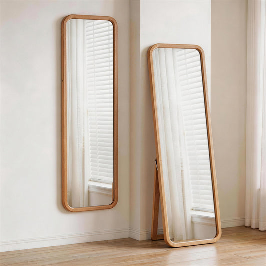 Solid Beech Wood Full Length Mirror, Freestanding Floor Mirror with Stand, Natural Wood Frame Body Mirror for Bedroom Living Room, 2-in-1 Wall Mounted Dressing Mirror  W5368P497708