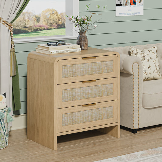 Rattan Nightstand 3 Drawers, 22.8' Wide Curved Wooden Bedside Table, Modern Storage for Bedroom, Natural Oak.  W1820P416765