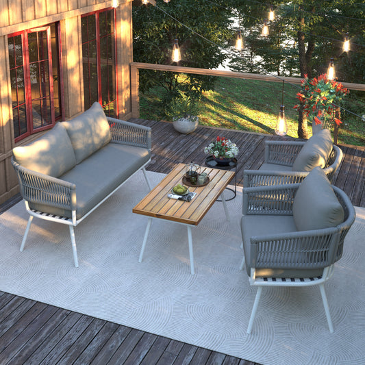K&K 4-Piece Boho Rope Patio Furniture Set, Outdoor Furniture with Acacia Wood Table, Patio Conversation Set  with Deep Seating & Thick Cushion for Backyard Porch Balcony, Grey  SK000004AAG