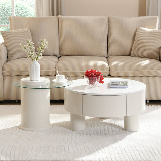 Round Nesting Coffee Table Set of 2, Coffee Table with Storage Drawer, White Plastic Center Table for Living Room, Large 27.56'', Small 19.69'' W821S00034