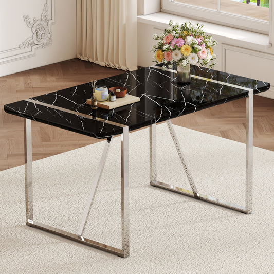 A rustic industrial rectangular MDF black dining table for 4-6 people, with a 1.5 'thick MDF desktop and electroplated metal legs, used for writing tables, kitchens, terraces, dining rooms55'*31.5*30 W1151P172403