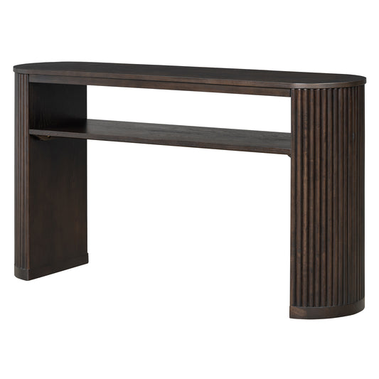 TREXM Rustic Console Table with Fluted Legs - Farmhouse Entryway Sofa Table, Vintage Oval Hallway Accent Table with Ash Veneer Top and Glaze Finish, Open Shelf, Espresso  N715P462622P