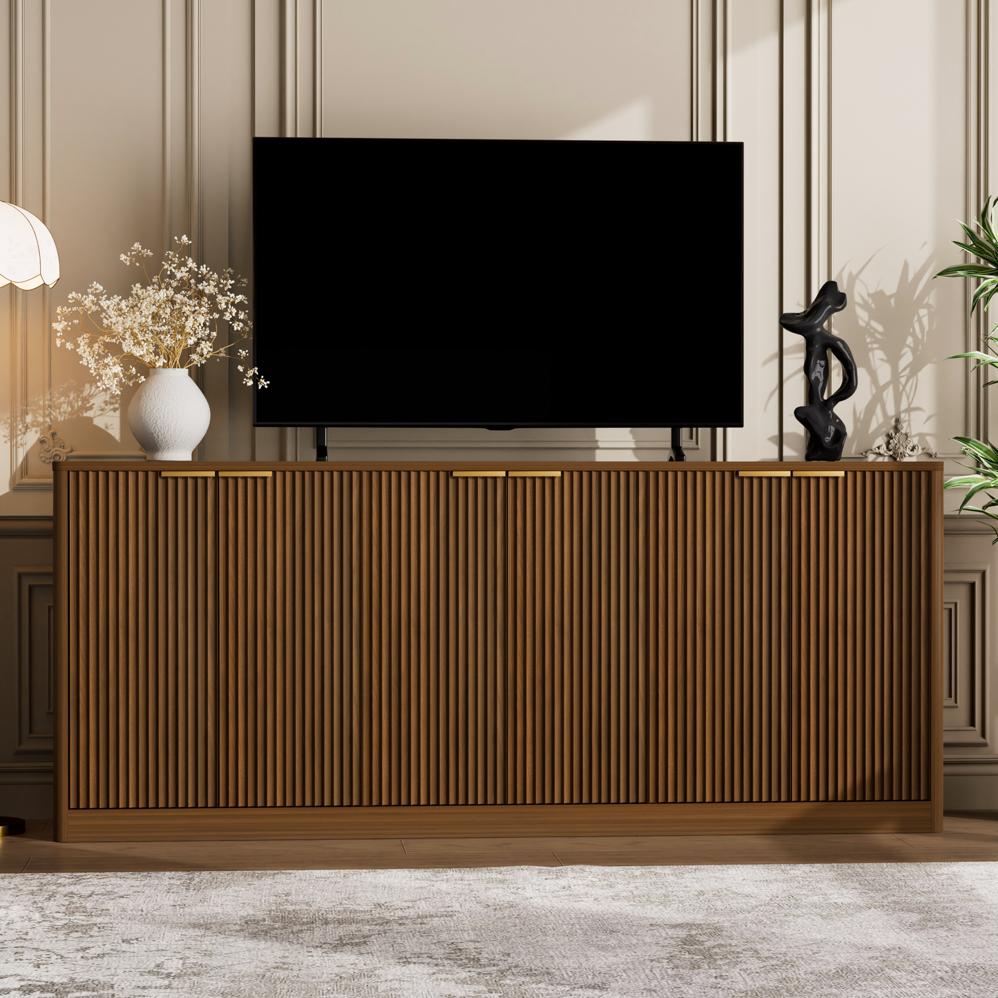 67-inch modern wavy sideboard, curved contour design storage cabinet, 6-door cabinet with storage function, suitable for kitchen / bedroom / living room, Walnut, 67.0'L x 15.7'W x 27.7'H  W1162P485247