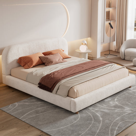 King Size Platform Bed with Boucle Fabric, Boucle Fabric Upholstered Platform Bed with Curve-Shaped Design Headboard, White, Easy Assembly  N757P210314W