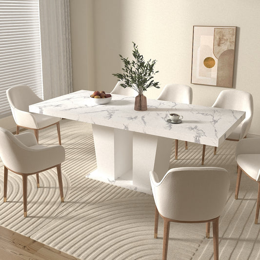 Extendable Dining Room Table for 6-10 Modern White Faux Marble Wooden Expandable Kitchen Table w/Dual Column Pedestal Base, Large Rectangle Dining Table W1347S00008