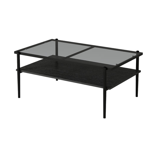 Modern Rectangular Coffee Table with Tempered Gray Glass Top and MDF Layer – Table for Living Room  W241139565