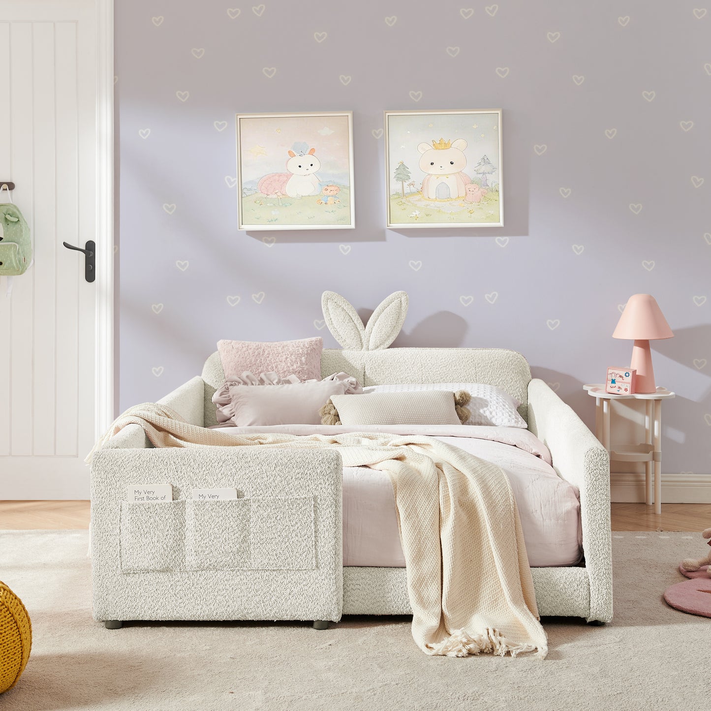 Full Size Upholstered Platform Bed with Cute Rabbit Ear Shaped Headboard, with Safety Rail and Pocket, Boucle Fabric, Beige W1413S00135