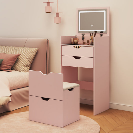 Dressing Table and Stool, 3-in-1 Multifunctional Dressing Table Set, Featuring Three-color Lighting Modes, HD Mirror, Two Sliding Drawers, and a Hidden Storage Stool.  W5252P447390