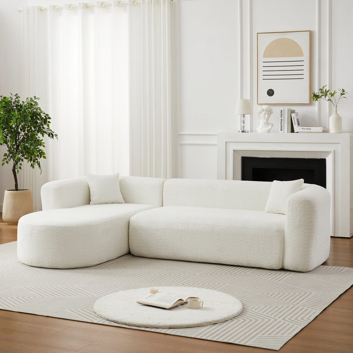 [Video]109.4' Modular Sectional Sofa Luxury Modern Curved Back Sofa,Chenille fabric two throw pillows,Minimalist Comfortable L-Shape Boneless Cloud Couch (Left Chaise beige)   W3505S00077
