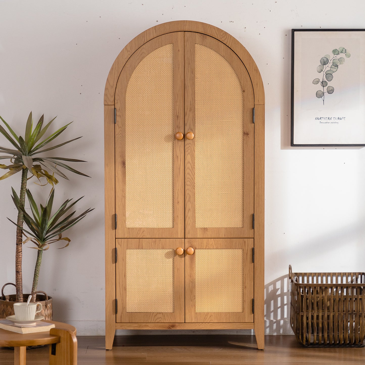 Arched Kitchen Pantry Cabinet, 63.39' Tall Arched Bookcase Rattan Storage Cabinet with Doors Adjustable Shelves,Farmhouse Freestanding Cupboard for Bathroom,Living Room,Dining Room  W3081P338352