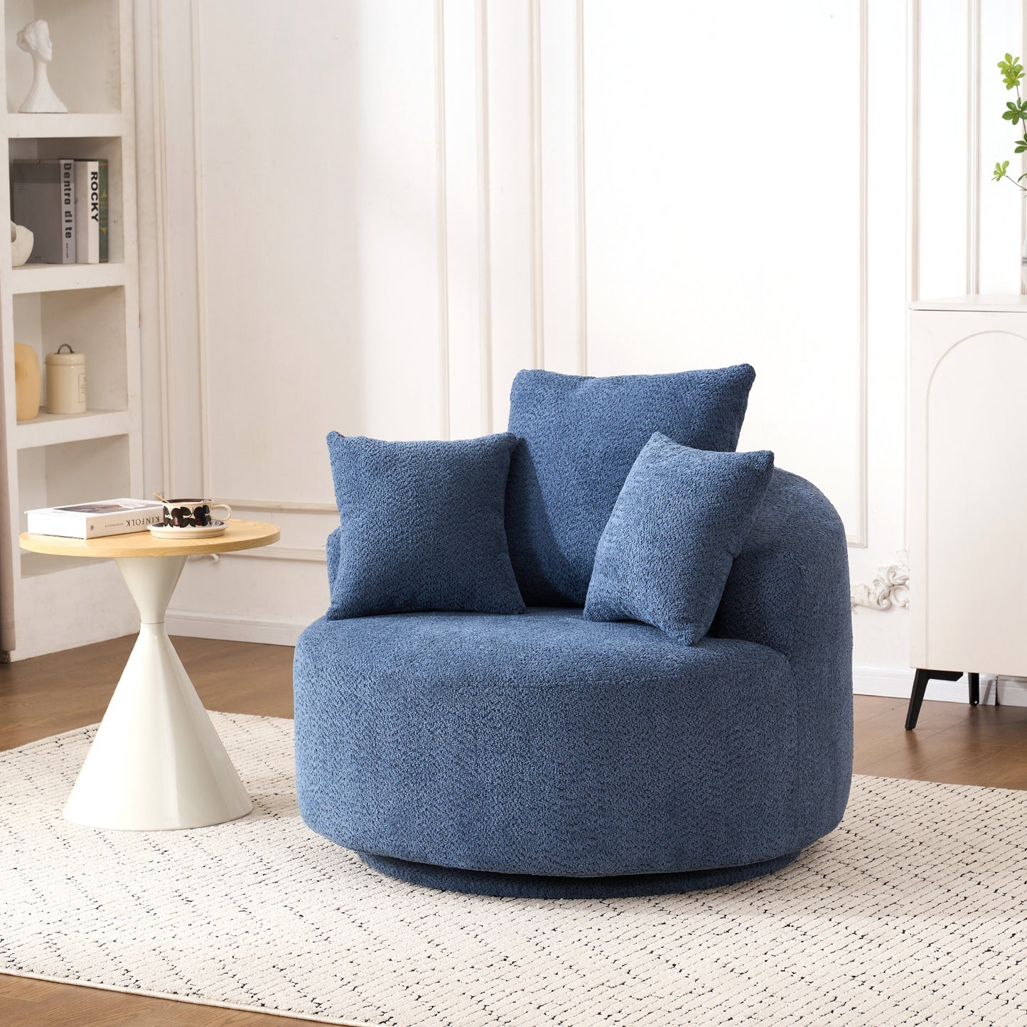 360° Swivel Chair Accent Barrel Chair Swivel Round Upholstered Sofa Chair with 3 Removable Pillows for Living Room, Bedroom, Office and Hotel, High-Resilience Sponge,Blue  W2231P264478