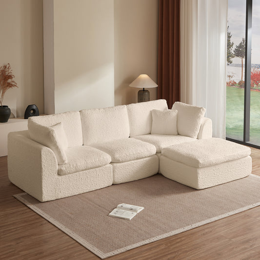 110' Cloud Sectional Couches for Living Room, Convertible L-Shape Couch with Ottoman, 3 Seater Modular Sectional Sofa, Warm White Beige W1359S00014