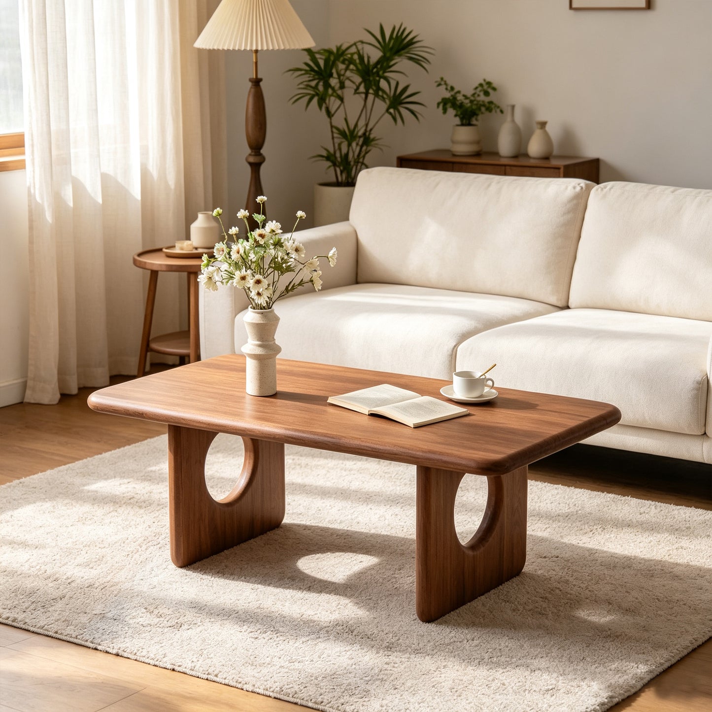 47.24' Rectangular Wood Coffee Table, Modern Minimalist Coffee Table with U-Shaped Legs, Walnut Finish Low Center Table for Living Room, Mid-Century Cocktail Table for Home Office  W3081P459212