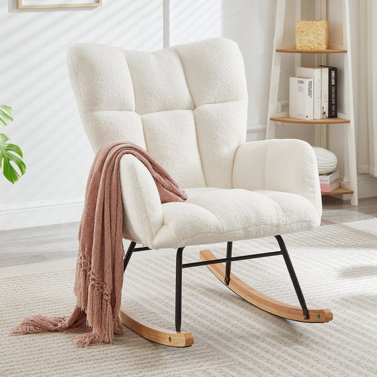 Glider Chair for Living Room Tufted Upholstered Teddy Fabric Rocking Chair with Metal Frame Accent Chair Ivory White  W1097P366852