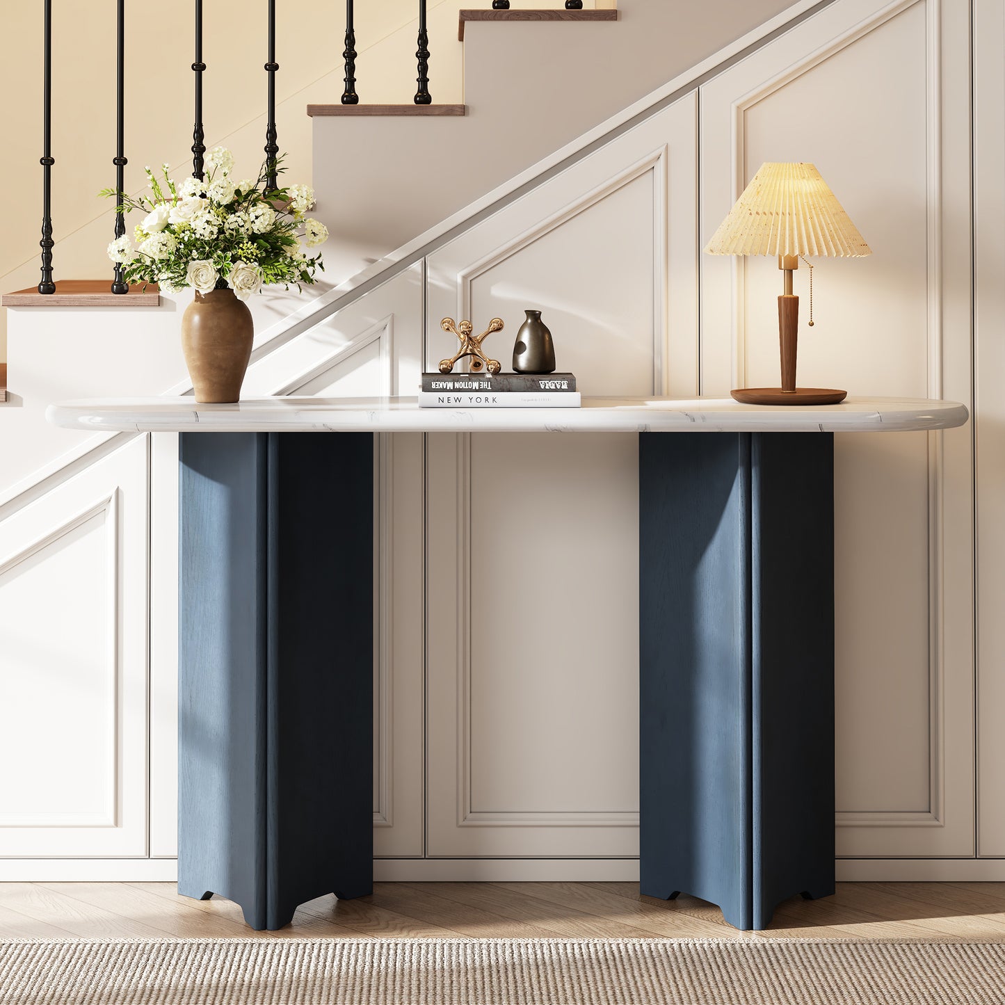 TREXM Narrow Console Table, Entryway Table with Oval Faux Marble Top, Rustic Sofa Table with Curved Legs, Hallway Accent Table for Entrance and Living Room (Navy+White) N715P245728M