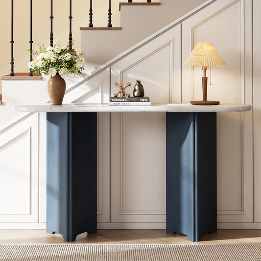 TREXM Narrow Console Table, Entryway Table with Oval Faux Marble Top, Rustic Sofa Table with Curved Legs, Hallway Accent Table for Entrance and Living Room (Navy+White) N715P245728M