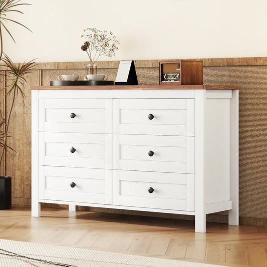 Retro Farmhouse Style Wooden Dresser with 6 Drawer, Storage Cabinet for Bedroom, White+Brown WF317946AAK