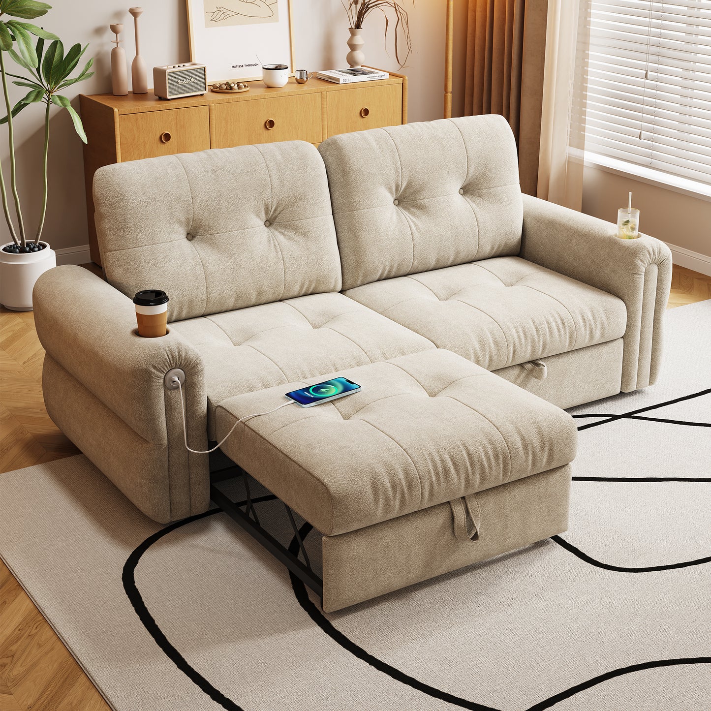 It is a multi-functional sofa, a 80.4-inch convertible sofa bed, and a 2-in-1 piece suitable for both sitting and lying down. Made of  Sheneyron fabric, it is suitable for living rooms, bedrooms W3820S00018