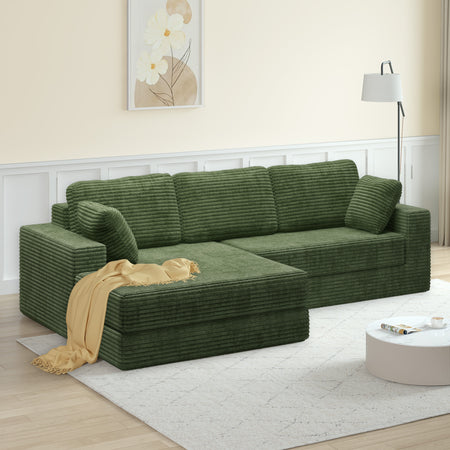 Left sofa seat,L shape Modular Sectional Sofa, Compressed Sectional Sofa Modern Minimalist Style Corduroy Couch,Unfold into a bed, Bedroom, Comfy Compressed Sofa Couch Space-Efficient Design-Green   W487S00302