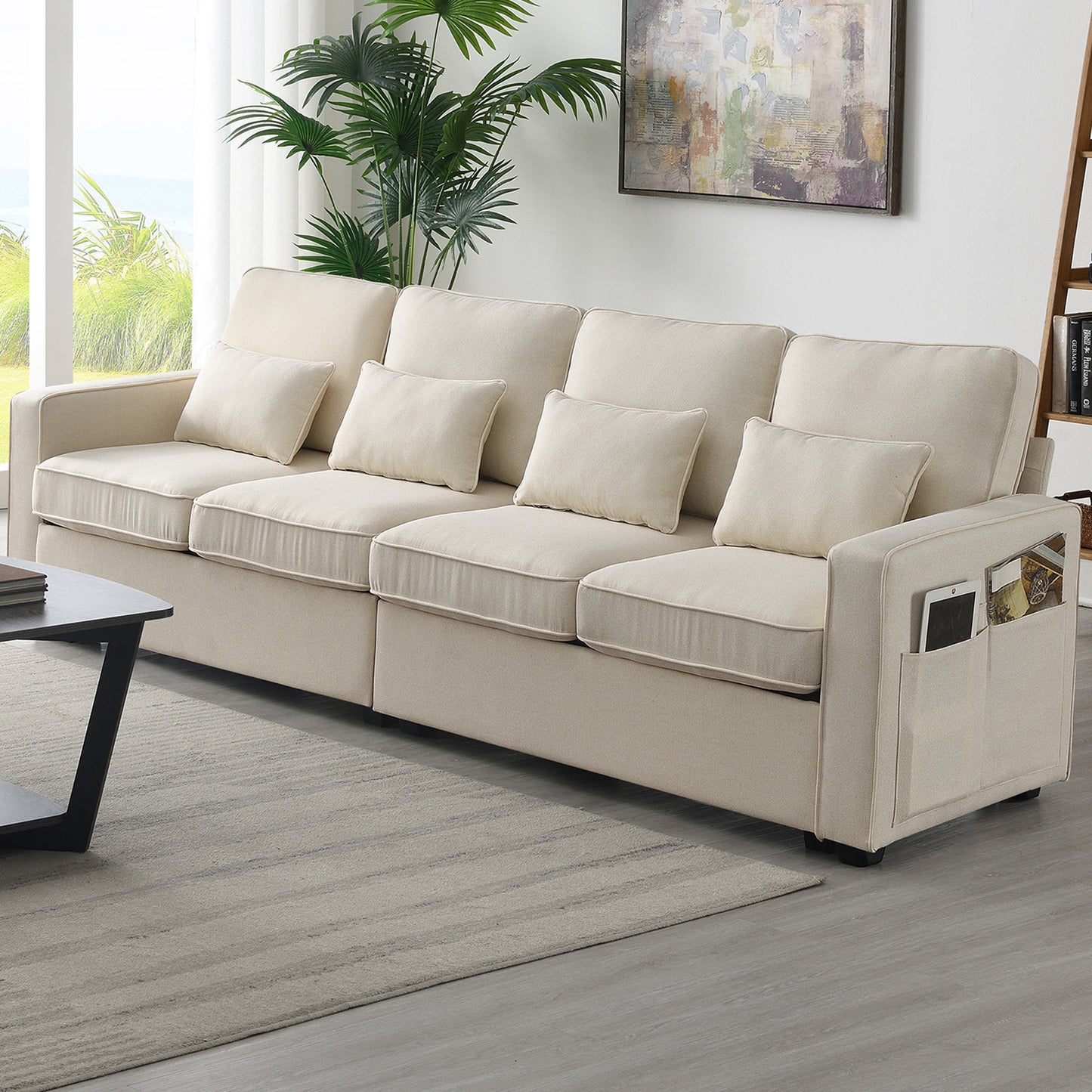 [VIDEO provided] [New] 104' 4-Seater Modern Linen Fabric Sofa with Armrest Pockets and 4 Pillows,Minimalist Style Couch for Living Room, Apartment, Office,3 Colors GS008086AAA