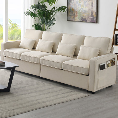 [VIDEO provided] [New] 104' 4-Seater Modern Linen Fabric Sofa with Armrest Pockets and 4 Pillows,Minimalist Style Couch for Living Room, Apartment, Office,3 Colors GS008086AAA