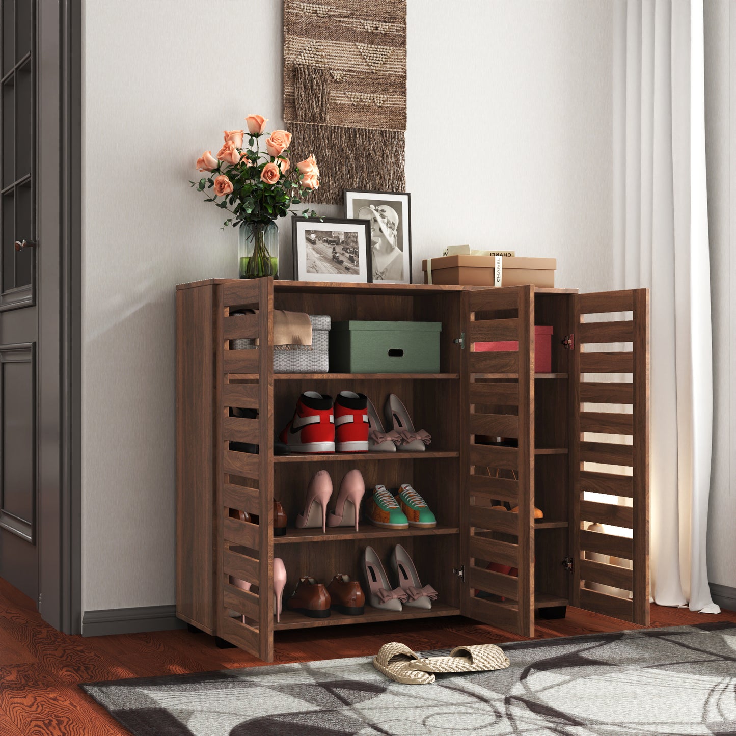 Shoe Cabinet, 5-Tier Shoe Storage Cabinet with Adjustable Shelves, Wooden Shoe Rack Organizer with Louvered Doors for Entryway, Hallway, Bedroom, Closet, Living Room  W331P242462