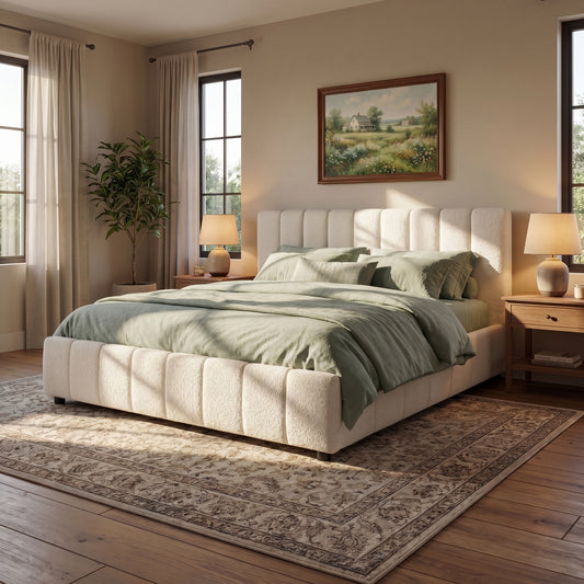 King Size Upholstered Bed Frame With Boucle Fabric And Thick Headboard, Off white  N757K401170W