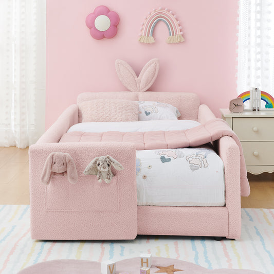 Twin Size Upholstered Platform Bed with Cute Rabbit Ear Shaped Headboard, with Safety Rail and Pocket, Boucle Fabric, Pink W1413P307370