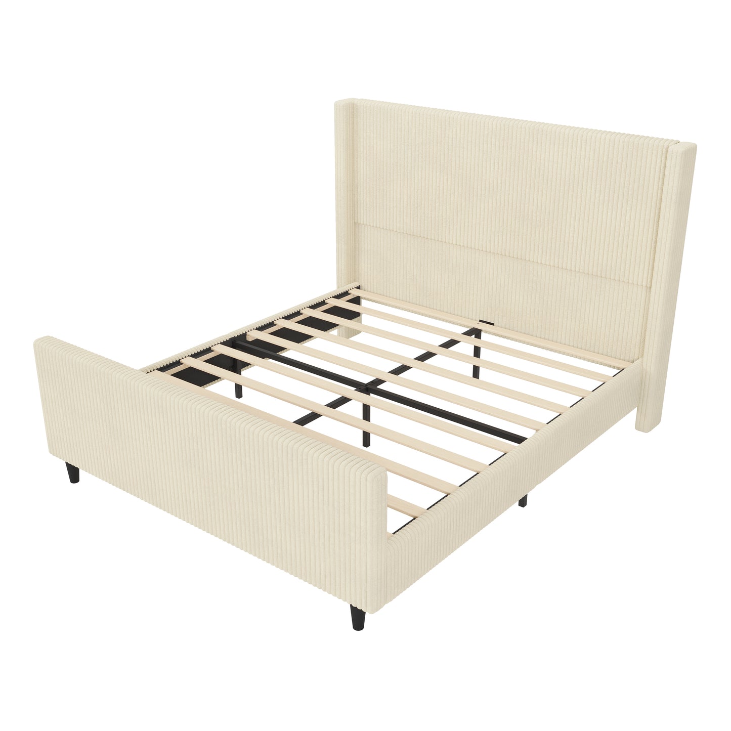 Elegant Cream Corduroy Upholstered Queen Bed Frame with High Headboard and Footboard, No Box Spring Needed  N701P262270C