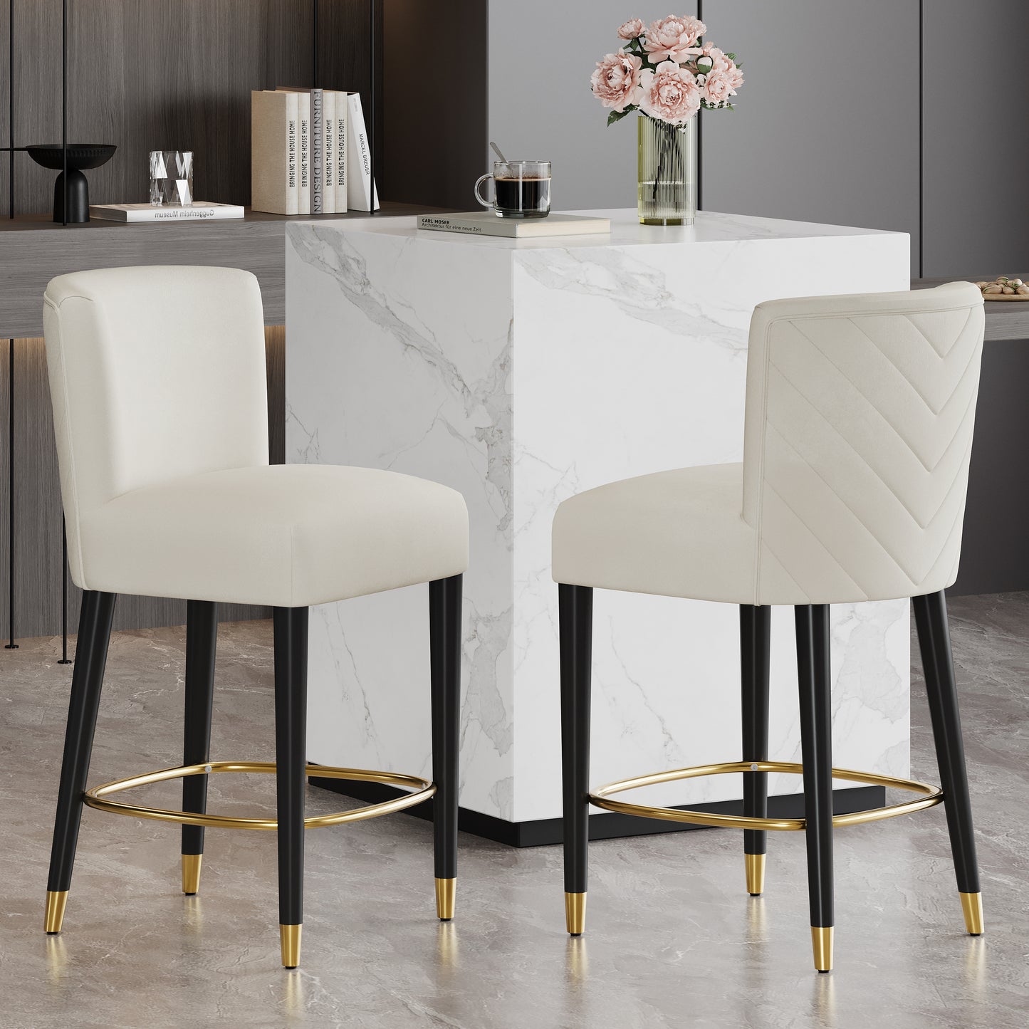 27inch-counterstool,  modern design with a smooth, light - colored fabric and circular footrest with a gold - colored finish,creates a sophisticated and luxurious look--Begie  N780P224409B
