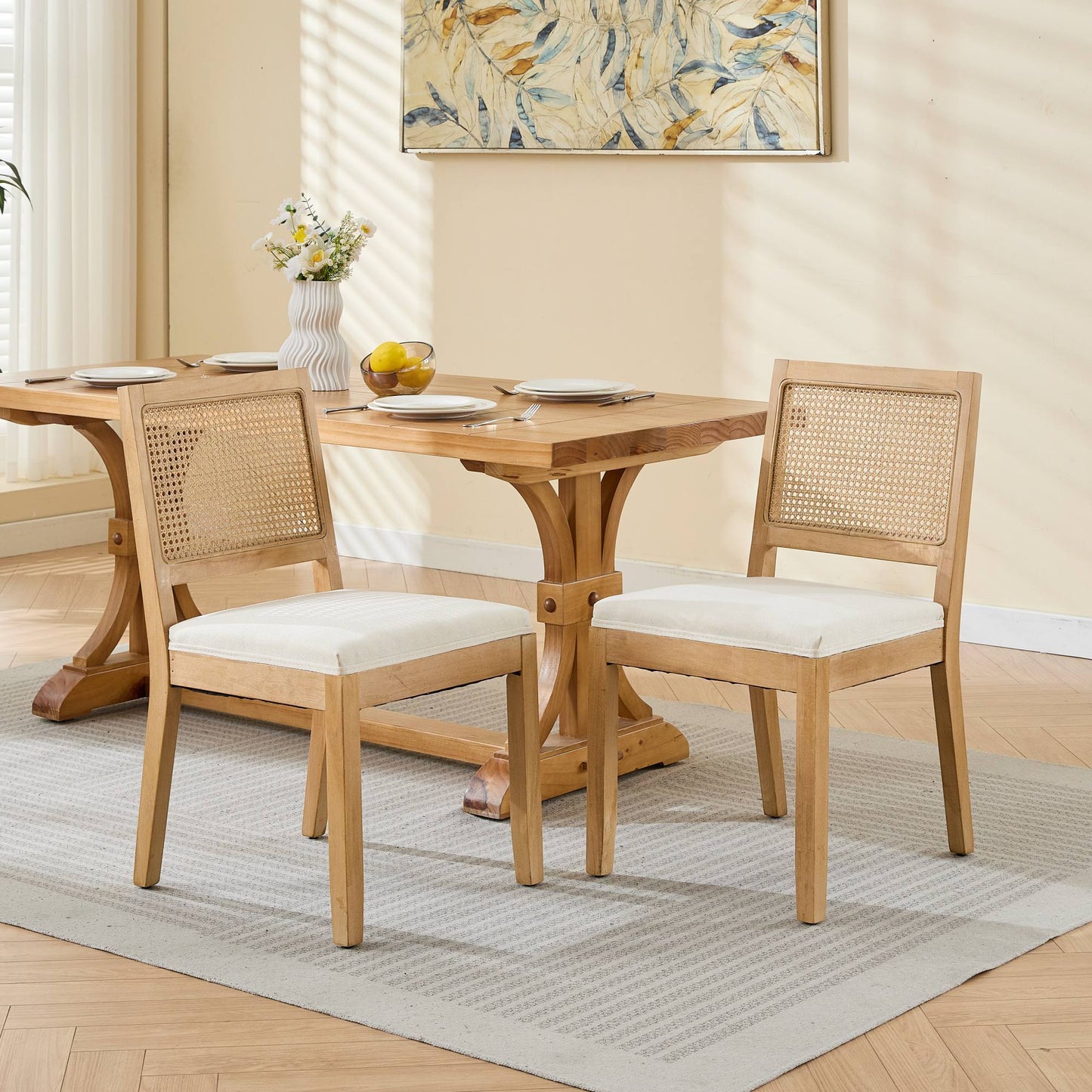 Farmhouse Rattan Dining Chairs Set of 2, Mid Century Modern Kitchen & Dining Room Chairs, Cane Upholstered Kitchen Side Chair with Natural Hardwood Frame, Beige  W1143P332689