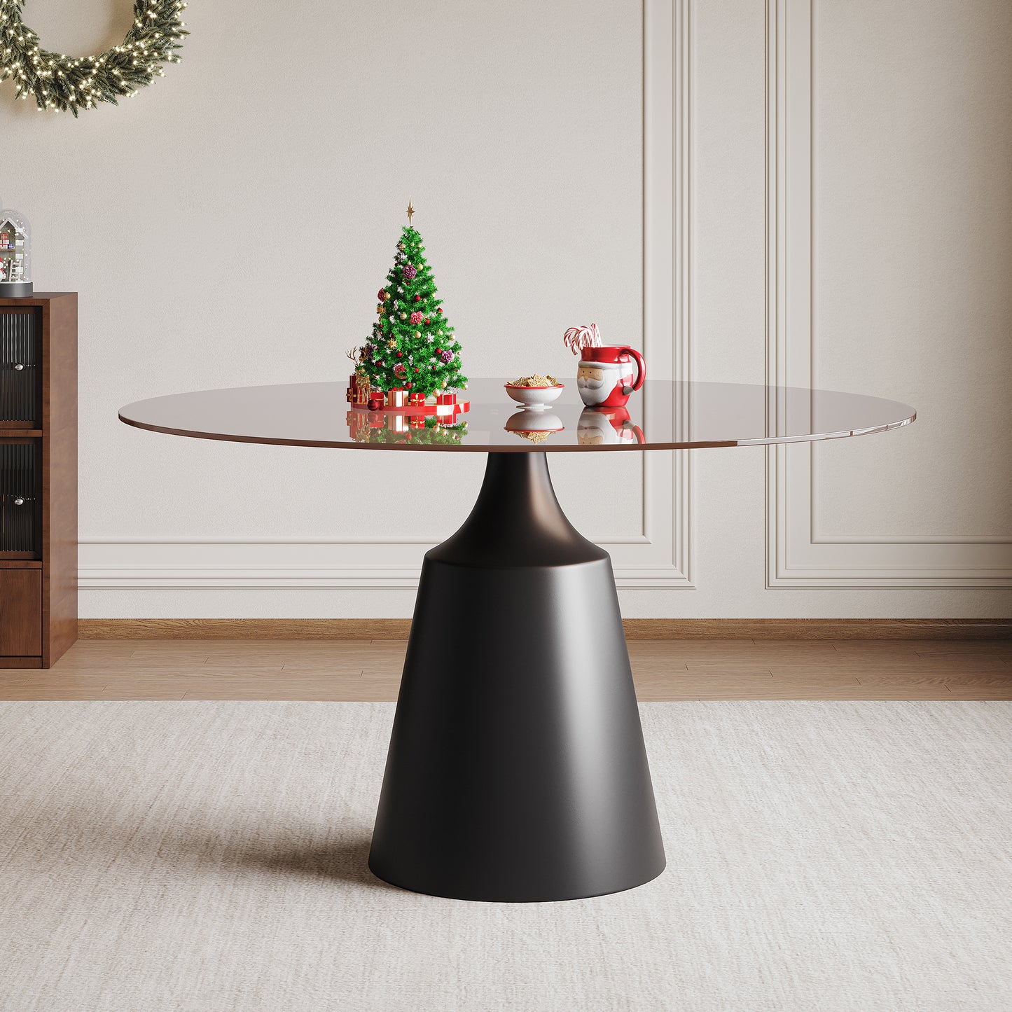 35 Inch Round Dining Table for Small Space, Mid-Century Modern Pedestal Table with Black Glass Top for Kitchen, Living Room, Afternoon Tea, and Coffee (Apartment, Bistro Style) W2700S00078