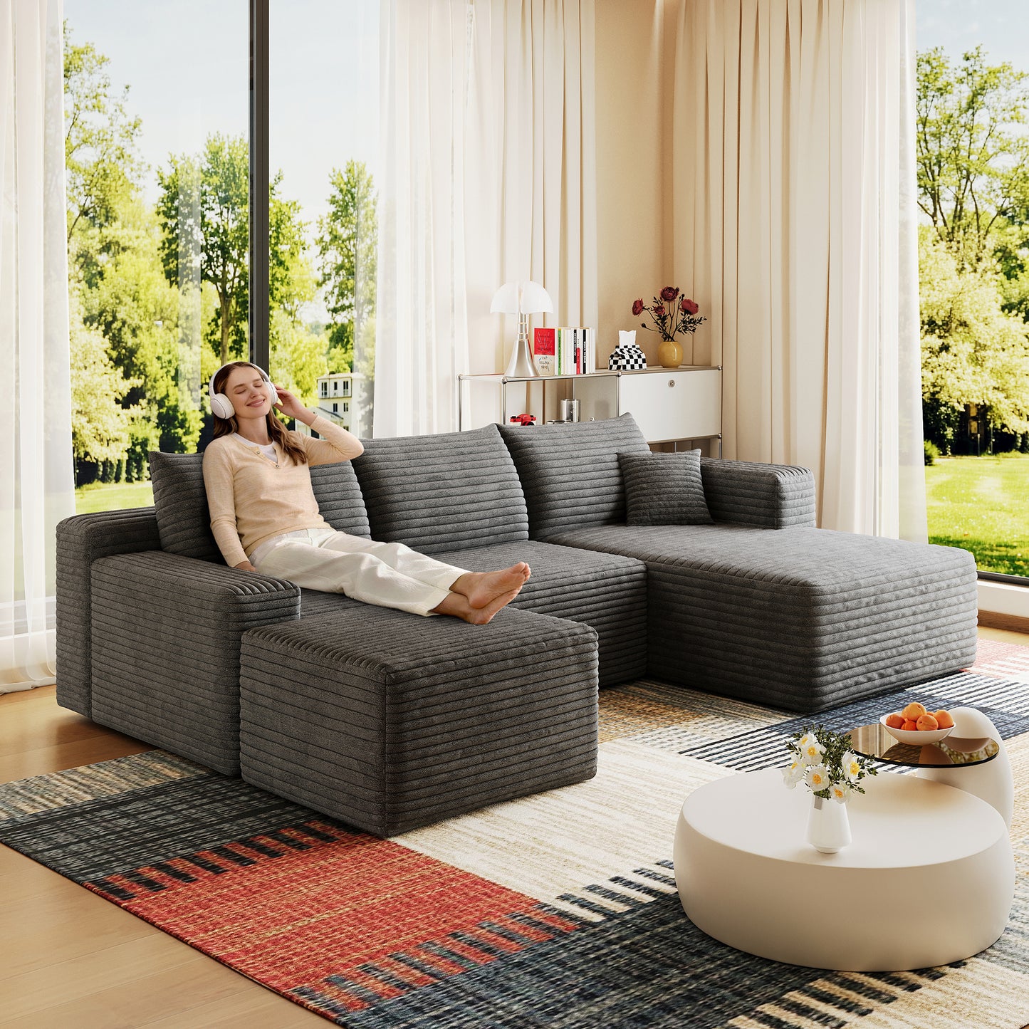95' Cloud Sectional Sofa with 1 Ottoman,Modern Minimalist Upholstered Couches, Comfort U Shaped Sofa for Living Room,Deep Seat Corner Couch,No Assembly Required,Dark Grey((Plush Corduroy Fabric)  W2824S00279