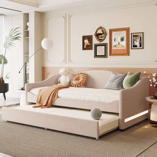 Teddy Fleece Twin Size Upholstered Daybed with Light and Trundle, Beige  SF000065AAA