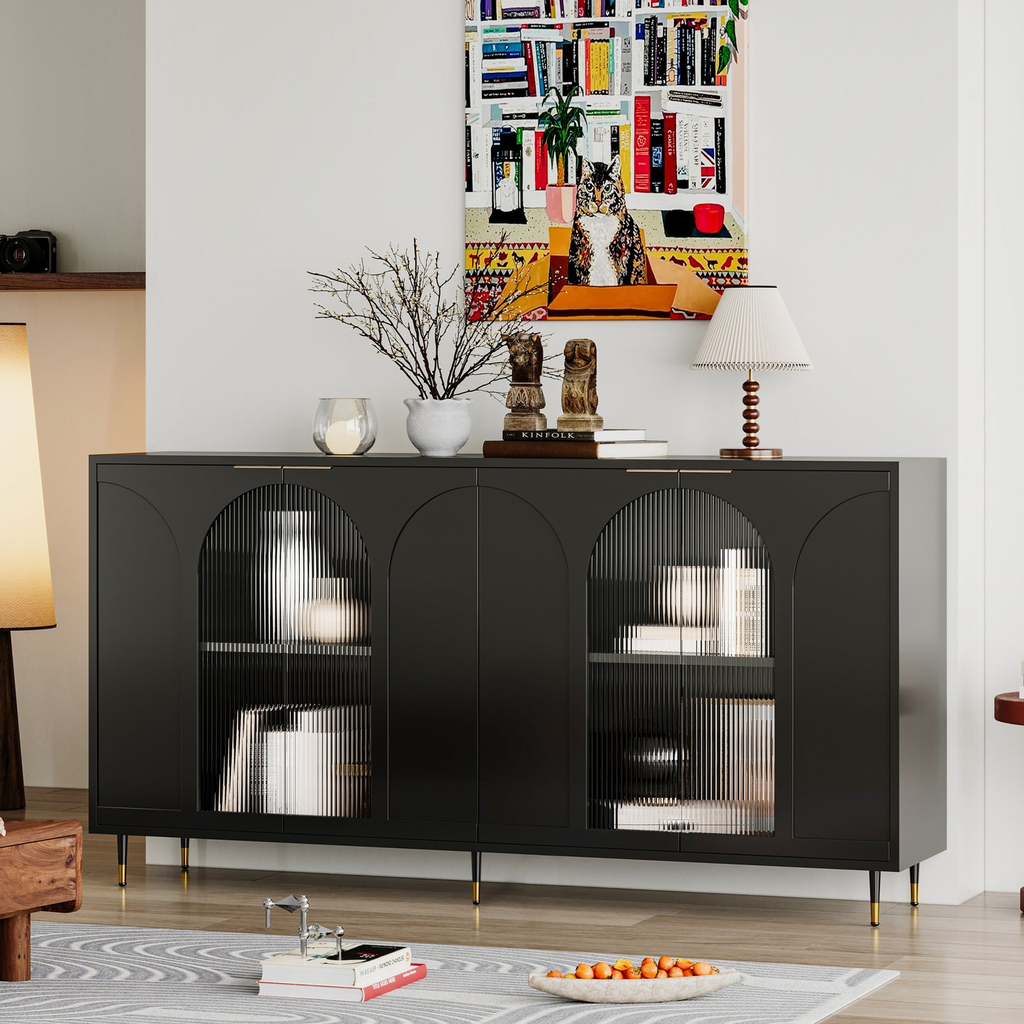 Accent Cabinet Black Lacquered Wooden Cabinet with 4 Glass Doors Sideboard Buffet Server Cabinet Storage Cabinet, for Living Room, Entryway, Hallway, Office, Kitchen and Dining Room  W1435133310