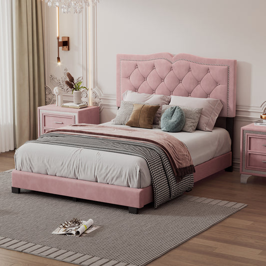 Full Size Upholstered Bed Frame with Rivet Design, Modern Velvet Platform Bed with Tufted Headboard,Pink  WF317301AAH