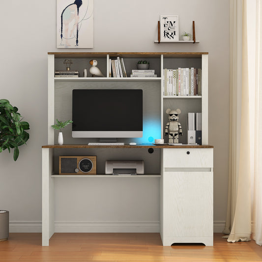 Computer Desk with Hutch & Bookshelf,Wood Executive Desk Teens Student Desk Writing Laptop Home Office Desk with Drawers,3 AC Outlets and 2 USB Charging Ports,Study Laptop Table for Home  W1321P205015